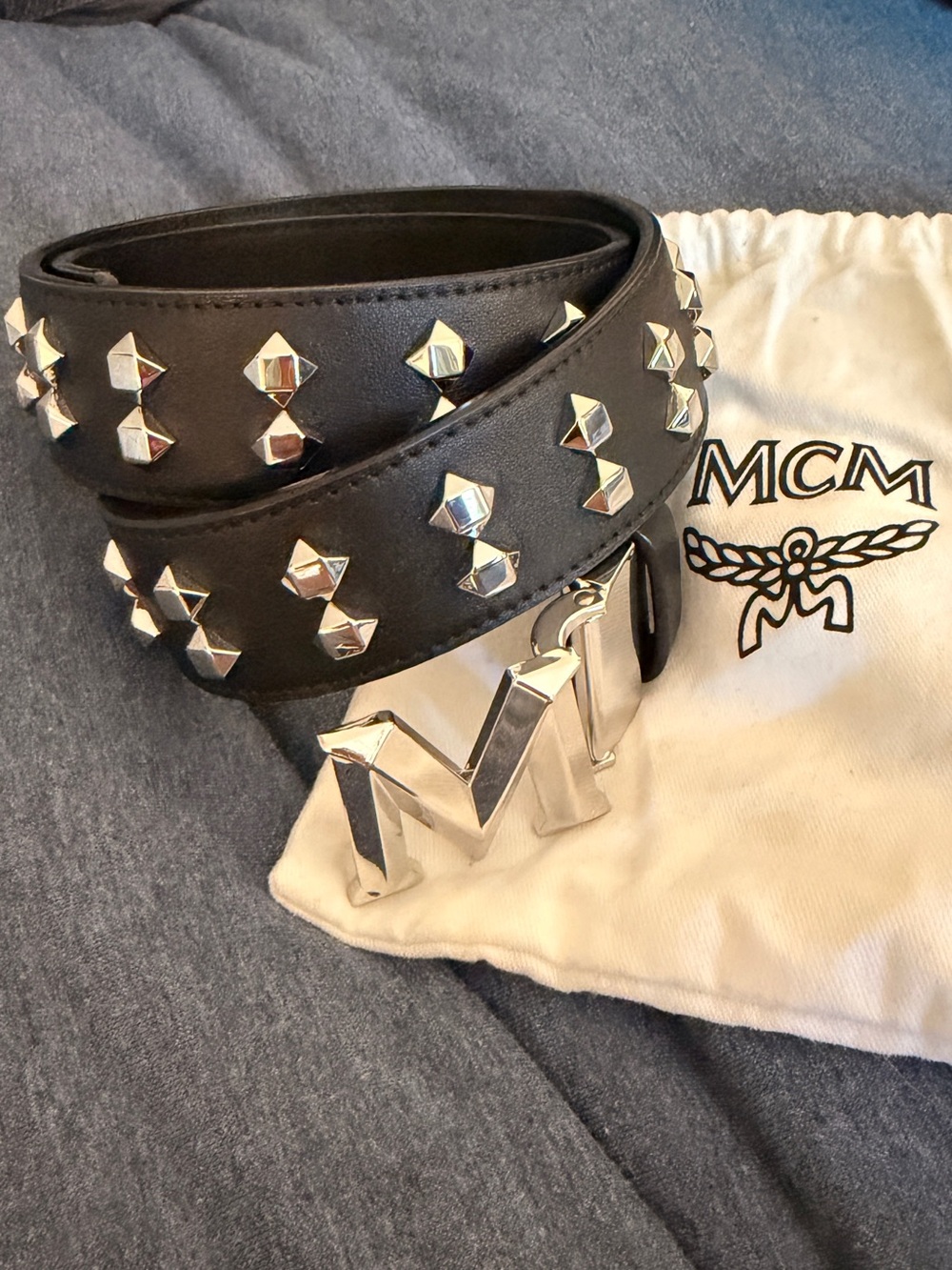 MCM Black Leather Studded Belt with Silver M Buckle